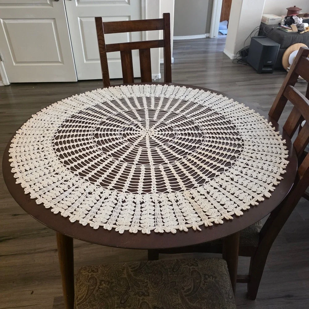 VTG Round Crochet Tatted Tablecloth Cream Lace 39 Inch Handcrafted Cottagecore